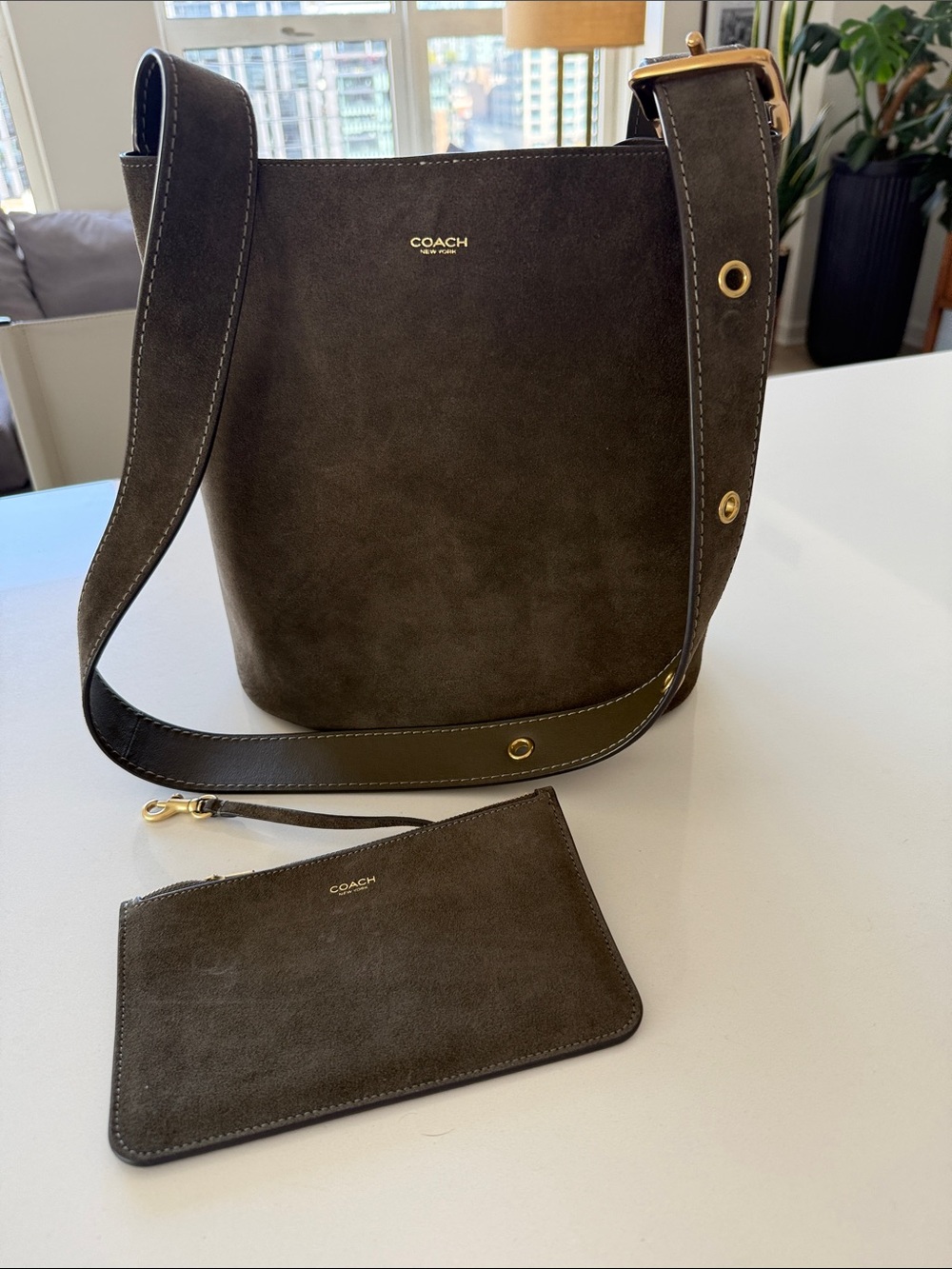 Coach Olive Green Suede Bucket Shoulder Bag with Gold Hardware NEVER USED
